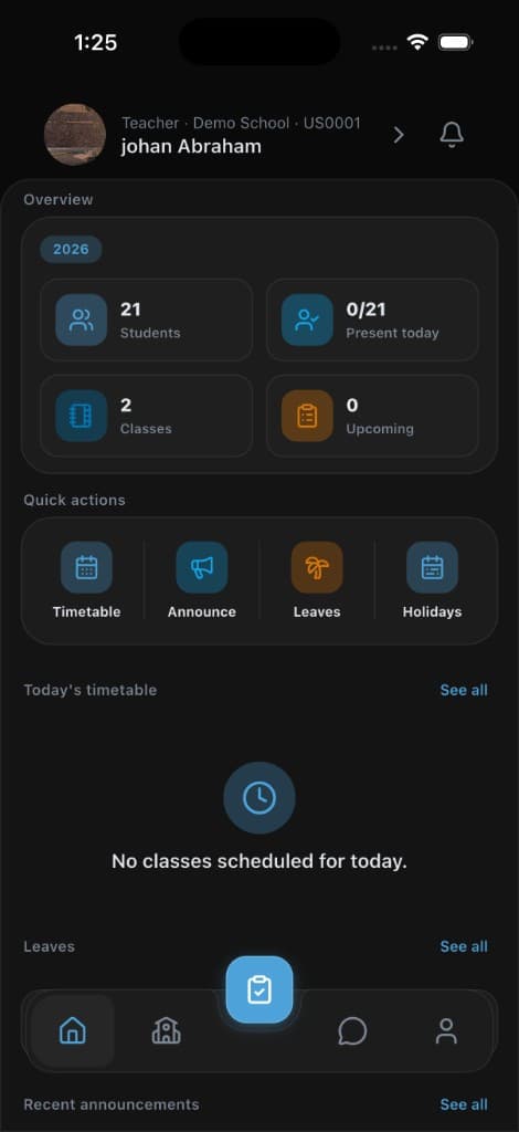 NoteArch Teacher home, real mobile UI