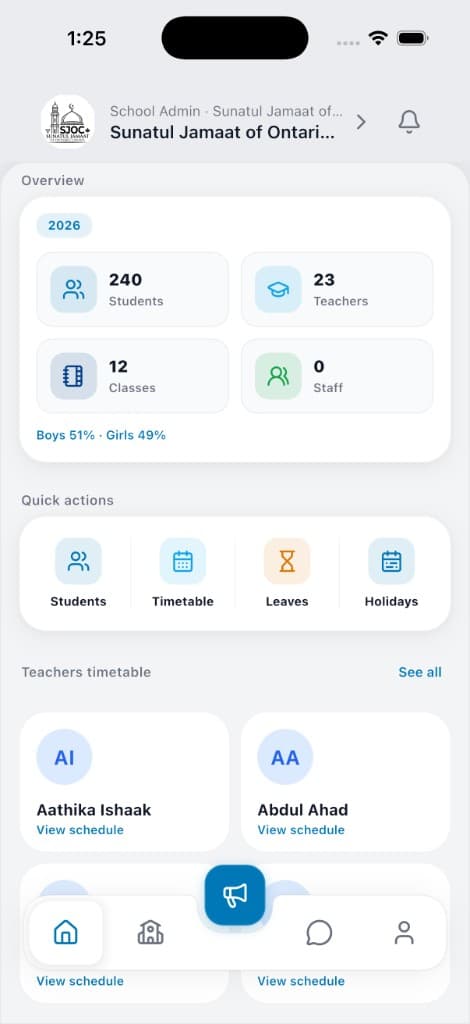 NoteArch School Admin home, real mobile UI