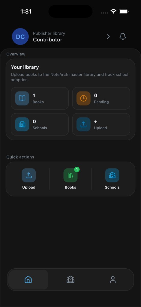 NoteArch Contributor publisher library, real mobile UI