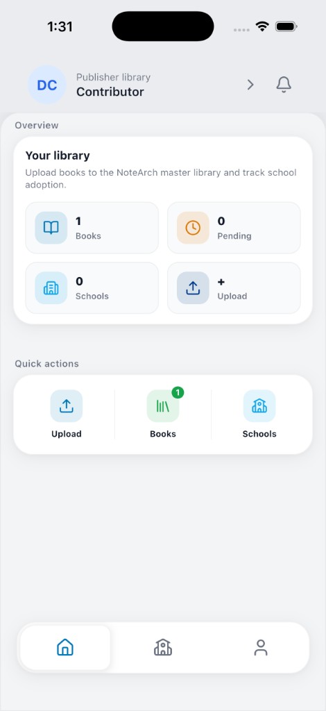 NoteArch Contributor publisher library, real mobile UI