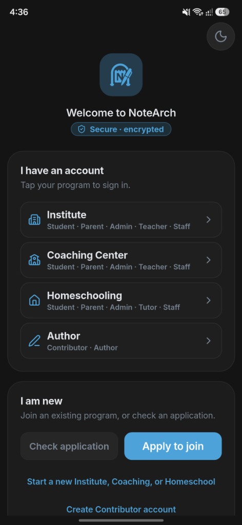 NoteArch Mobile App Welcome Screen Dark Mode