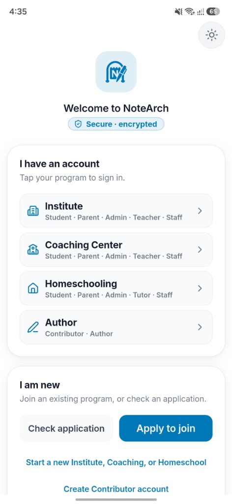 NoteArch Mobile App Welcome Screen Light Mode