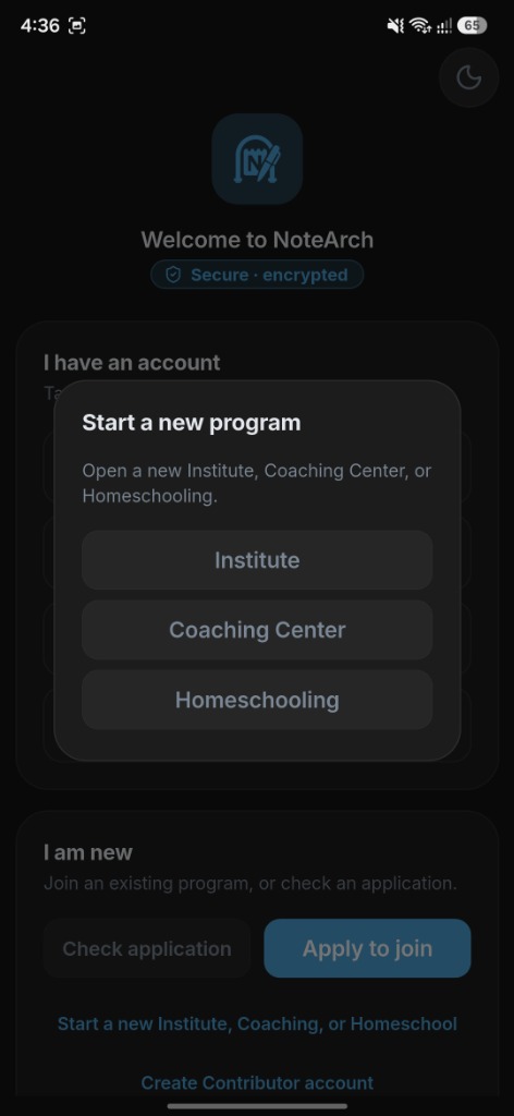 Start a new program selector Dark Mode