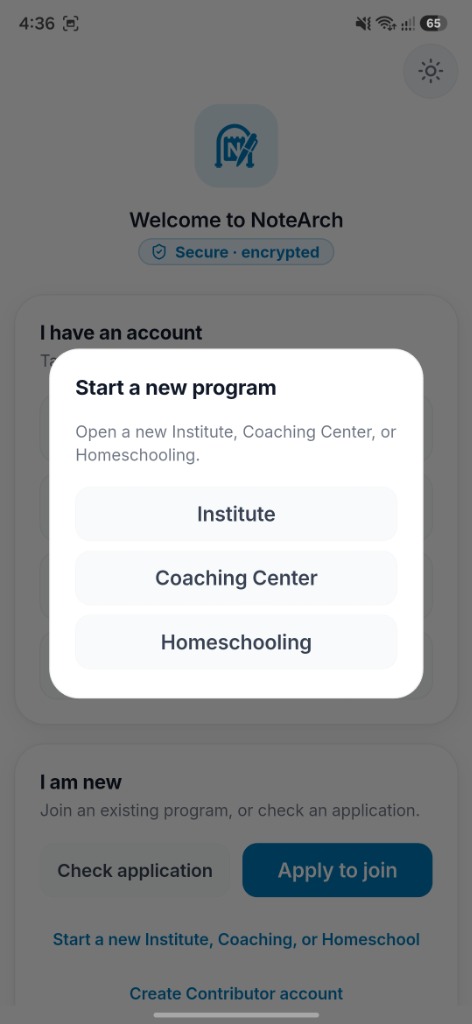 Start a new program selector Light Mode